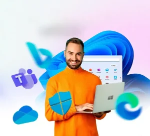 Homem sorridente com camisola laranja a segurar um portátil Surface rodeado de ícones do Windows 11, Teams, OneDrive, Edge e Microsoft Defender