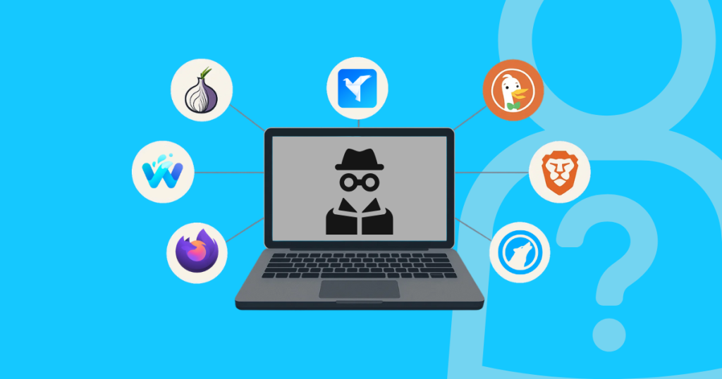 Ilustração de browsers privados para PC — Tor, Waterfox, Firefox, Yandex, DuckDuckGo, Brave e outros navegadores anónimos